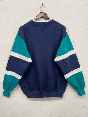 Vintage 1990s Halifax Colour-Block Striped Sweatshirt, Size L, Blue/White/Teal